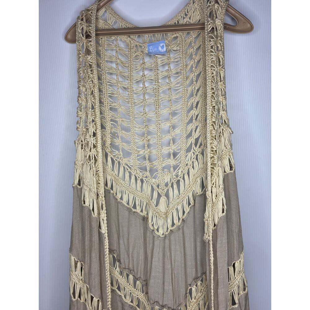 Blue Wren L Tan Crochet Knit Vest Sleeveless Duster Bohemian Layering Piece Boho